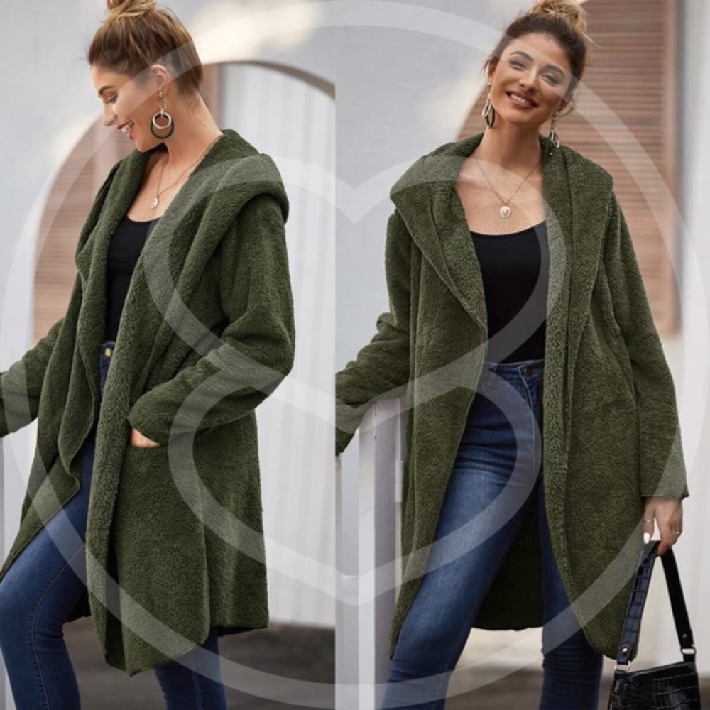 Olive oversized Open Front Hoodie jacket teddy - Picture 10 of 11